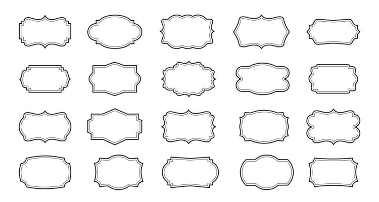 Vintage line frames. Decorative retro borders. Ornamental thin lines symmetrical elements for text. Modern rectangles, circles, ovals, squares shapes patches. Ornate label set