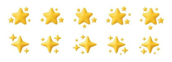3d yellow stars. Realistic star composition. Soft decorative starry shapes. Floating star clusters, starbursts, sparkles, twinkle. Shining stars emoji. Cartoon star icons vector