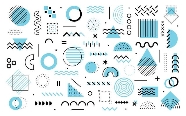 Memphis elements. Abstract geometric shapes. Retro 80s style graphic shapes, squiggles, lines, dots, and patterns. Geometric pop culture forms, irregular compositions. set