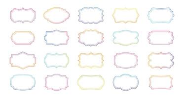 Colorful label frame. Retro unicorn gradient border. Ornate kids emblem templates. Cute color gradients badge. Abstract child shape frames in rainbow color. Picture border. set vector
