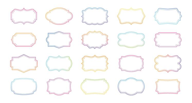 Colorful label frame. Retro unicorn gradient border. Ornate kids emblem templates. Cute color gradients badge. Abstract child shape frames in rainbow color. Picture border. set