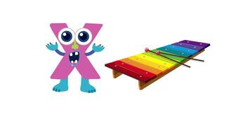 Colorful animation introducing the letter X with a playful character and vibrant xylophone video