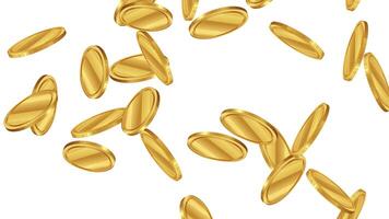 Gold coins cascade against a white background, creating a lively and engaging visual effect with smooth transitions and fluid motion video