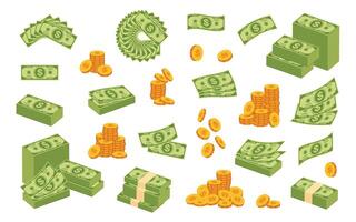 Assorted money stacks and coins illustrations vector