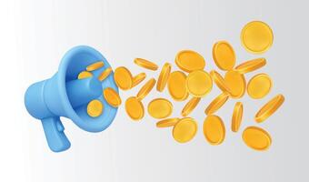 Blue megaphone with gold coins vector