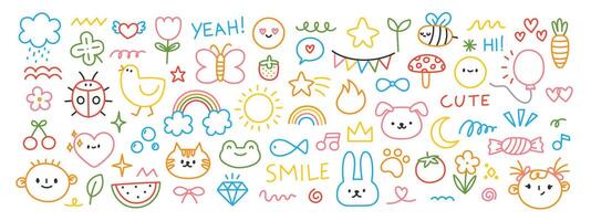 Cute kids doodle. Hand drawn children elements. Simple colorful line sketch kid scribble. Flowers, clouds, rainbow, animals, funny characters. Child kindergarten drawings. set vector