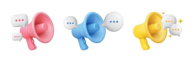 3d megaphone with speech bubble. Voice message. Realistic loudspeaker with speech banner, talk bubble. Announcement and communication concept. Promo icon set vector