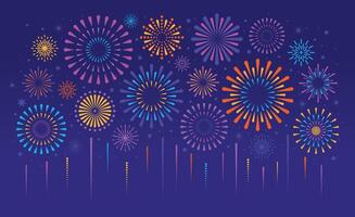 Festive colorful firework. Holiday fireworks and sparklers. Celebration party pyrotechnics firecracker explosion in dark sky with glitter and stars. carnival composition vector