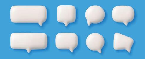 3d speech bubble. Chat talk boxes, dialog conversation shapes, cartoon white thinking bubbles, oval and rectangular thought clouds. Social media chat message. 3D soft render set vector