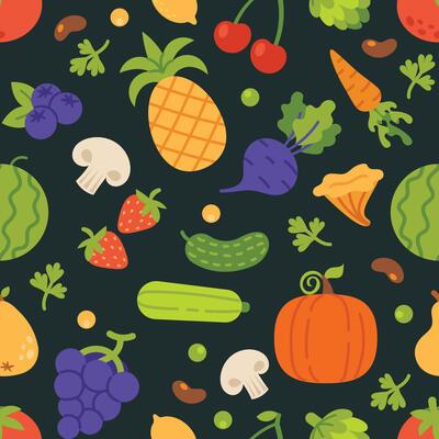 Vegetables and fruits pattern. Seamless texture with fruit and veggies. Background with doodle vegetable, fruits, berries, mushrooms, green plants. Fresh organic food wallpaper