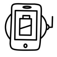 A simple line art illustration of a mobile phone with a battery icon inside symbolizing mobile device power and charging status vector