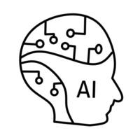 A simple line art illustration of a human head silhouette with circuit patterns and the letters AI representing artificial intelligence vector
