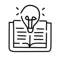 Line icon of an open book with a light bulb, symbolizing knowledge, innovation, creative thinking, learning, and education. Perfect for academic, research, or inspiration-related content. vector