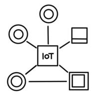 A simple line art illustration of an abstract IoT network with a central hub connected to various smart devices and sensors vector