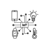 A simple line art illustration of IoT concept featuring smartphone smartwatch smart lightbulb and thermometer connected to a central hub vector