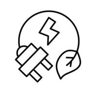 A simple line art illustration of an electric plug lightning bolt and leaf within a circle symbolizing green energy and sustainable power vector