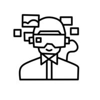 Line art of a person wearing VR headset, surrounded by floating images and digital elements, symbolizing virtual reality, innovation, and immersive technology. vector