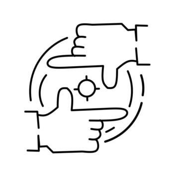 línea icono de manos formando un marco con un atención símbolo en el centro, representando visión, perspectiva, creatividad, apuntando, y estratégico pensamiento. ideal para marca, fotografía, o planificación. vector