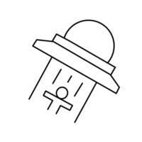 Outline icon depicting a classic UFO spaceship abducting a human figure with a light beam. Perfect for scifi themes, alien concepts, or modern technology designs. vector