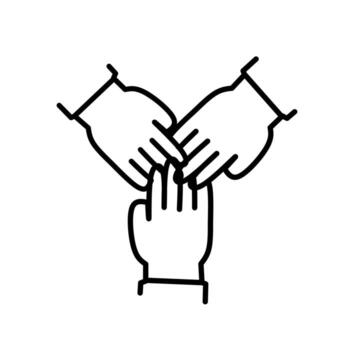 minimalista línea icono de Tres manos apilado juntos, simbolizando trabajo en equipo, unidad, colaboración, apoyo, y mutuo confianza. ideal para negocio, sin ánimo de lucro, o comunidad proyectos vector