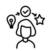 Line icon of a woman with idea, checkmark, and star symbols, representing creativity, goal setting, decision making, personal achievement, and productivity. Ideal for leadership vector