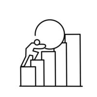 Line icon of a person pushing a large circle up a bar chart, symbolizing effort, struggle, business growth, progress, perseverance, and overcoming challenges. vector