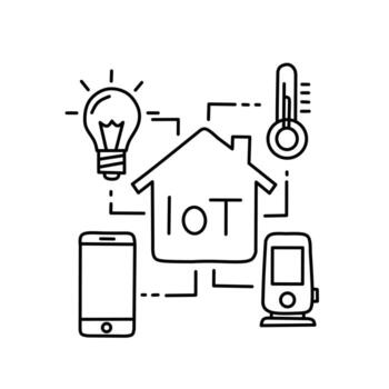 Line icon of smart home IoT system with connected devices including light bulb, smartphone, thermometer, and smart gadget. Represents home automation and Internet of Things technology. vector