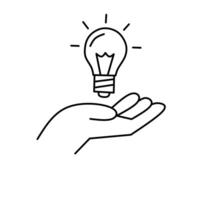 A simple line art illustration of a hand presenting or receiving a glowing light bulb symbolizing idea innovation and inspiration vector