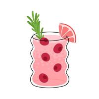 Lemonade decorated slice of grapefruit and sprig of rosemary. Cold summer beverage with berries. Sweet citrus flavored refreshment drink or cocktail in glass. Isolated flat illustration vector