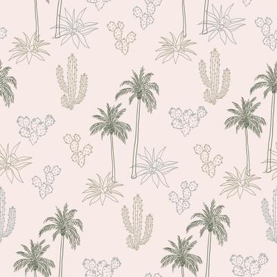 Seamless pattern inspired by the landscape of Southern California in natural green tones. Background design with palm tree, cactus, aloe plant. Calm desert chic vibe