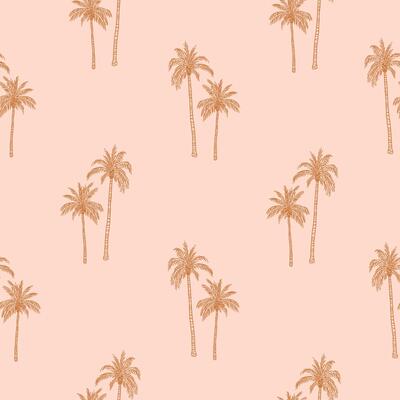 Seamless pattern with palm trees in natural boho tones. Background design with exotic tropical plant silhouette with leaves. Summer beach chic vibe. Botanical hand drawn illustration
