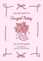 Cowgirl party invitation template with sample text. Cowboy boots vase with beautiful bouquet of sunflowers and coquette bow ribbon. Frame of rope and corde bows with knot tied. Cowboy western concept vector