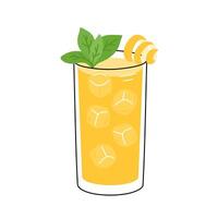 Lemonade decorated lemon peel spiral and mint leaves. Summer beverage with ice cubes. Refreshing drink or cocktail in glass. Flat illustration isolated on white background vector