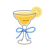 Cocktail holiday drink decorated bow ribbon. Summer party beverage with lemon slice. Refreshing beverage in stem glass. Flat illustration isolated on white background vector