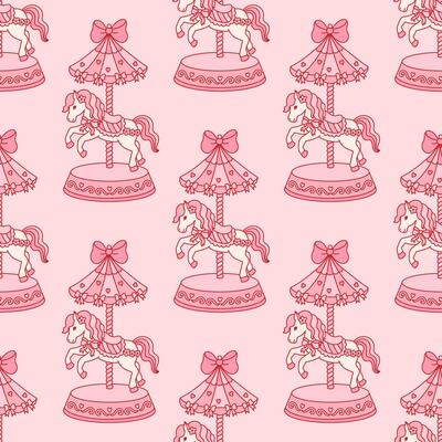 Festive decorative seamless pattern of vintage carousel horse, bow ribbon, hearts. Coquette background with whimsical animal. Vintage backdrop for greeting cards, birthday, christmas, invitations