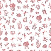 Seamless pattern with cowboy design elements. Wild West trendy background for wedding, holiday, cowgirls party. Rustic Boho Aesthetics with good luck symbols, plants, party objects vector