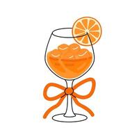 Aperol spritz with ice cubes. Orange cocktail decorated holiday bow ribbon. Summer party beverage with orange citrus slice. Refreshing drink in stem glass. Flat isolated illustration vector