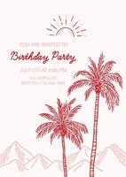 Party invitation template with sample text in natural boho tones. Hand drawn elements palm trees with leaves, mountains, sun. Concept inspired of Southern California. Summer beach chic vibe vector