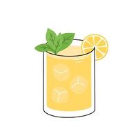 Lemonade decorated lemon slice and mint leaves. Summer beverage with ice cubes. Refreshing drink or cocktail in glass. Flat illustration isolated on white background vector