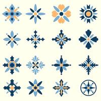 A Set of Snowflakes and Geometric Floral Designs in Blue and Orange Moroccan Pattern Elements vector