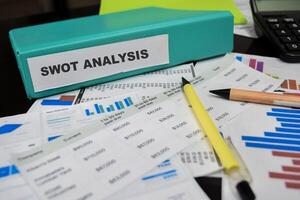 Folders with the label SWOT Analysis. Business management concept photo