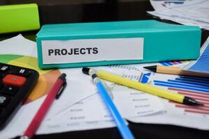 Folders with the label projects. Business management concept photo