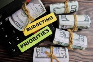 Concept of Budgeting priorities write on sticky notes isolated on Wooden Table. photo