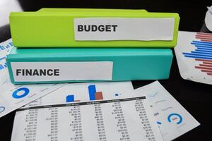 Folders with the label Budget and Finance. Business management concept photo
