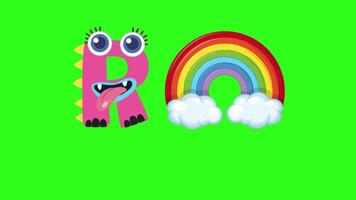 Bright, playful animation of letter 'R' transforming into a rainbow on a green screen background video