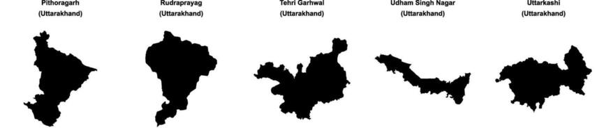 Pithoragarh, Rudraprayag, Tehri Garhwal, Udham Singh Nagar, Uttarkashi outline maps vector