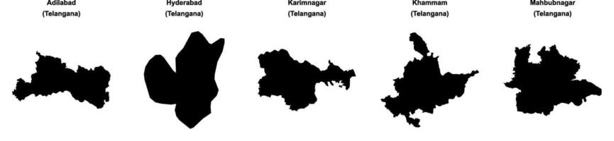 Adilabad, Hyderabad, Karimnagar, Khammam, Mahbubnagar outline maps vector