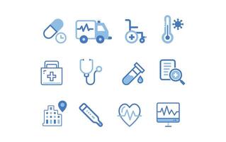 Modern Medical Icon Set, Clean Duotone Healthcare Symbols Including Doctor, Pills, Hospital, Report, and Treatment Icons, for health apps, websites, UI kits, and infographics vector