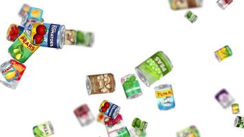 Cans tumbling against varied backgrounds, creating dynamic motion video