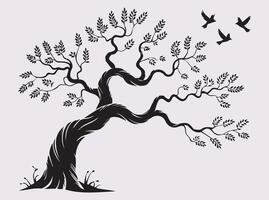 Twisted Tree Silhouette with Flying Birds in Black Minimalist Nature Scene for Artistic Design Projects vector